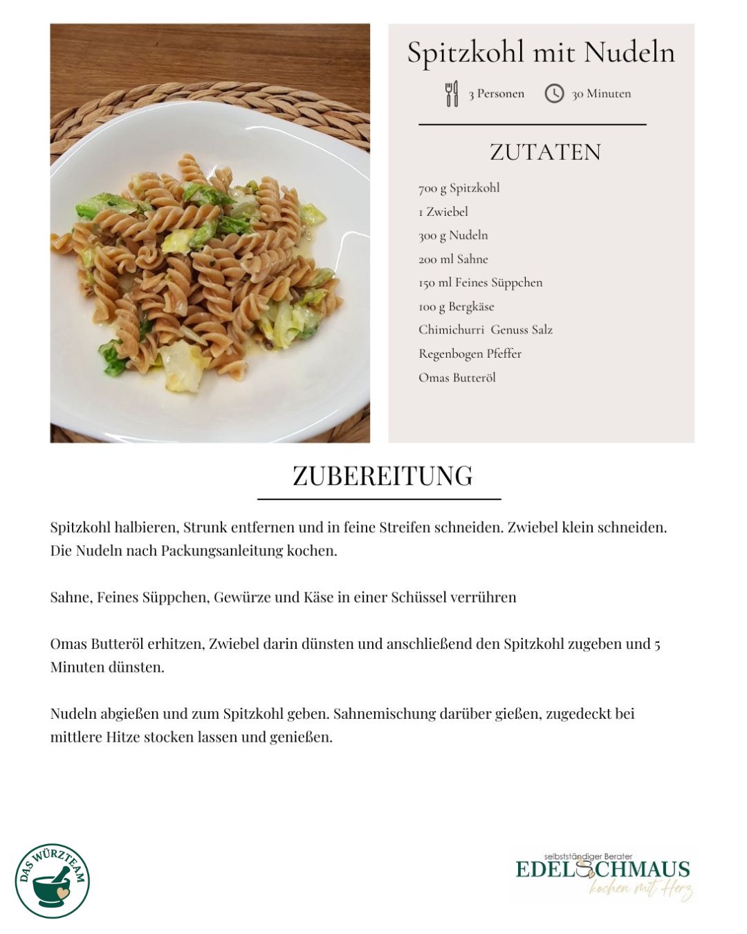 Rezeptkarten Edelschmaus Spitzkohl mit Nudeln